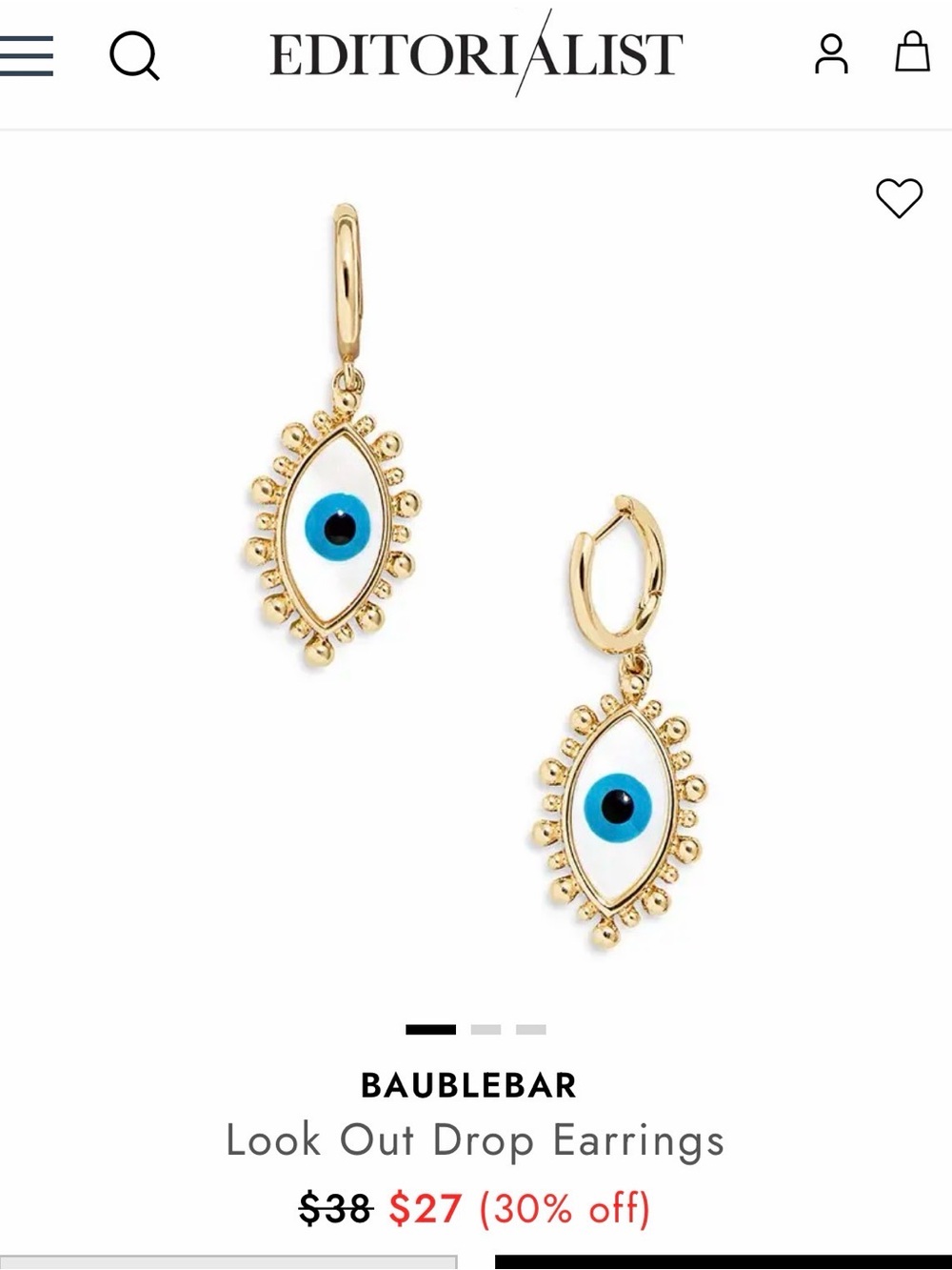 BaubleBar| Gold, White & Blue Evil Eye Protection Drop Earrings